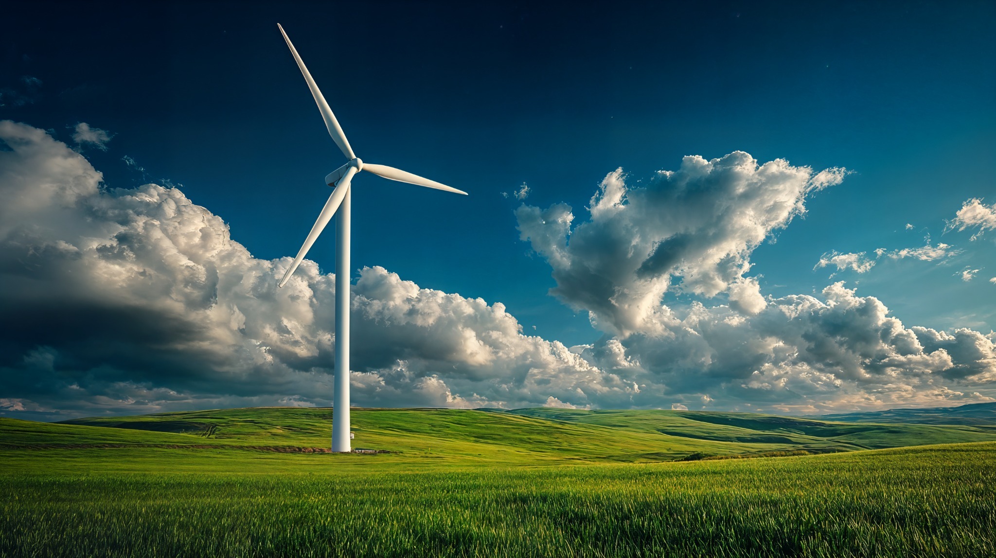 Wind turbine above rolling green fields beneath a dramatic cloud-filled sky